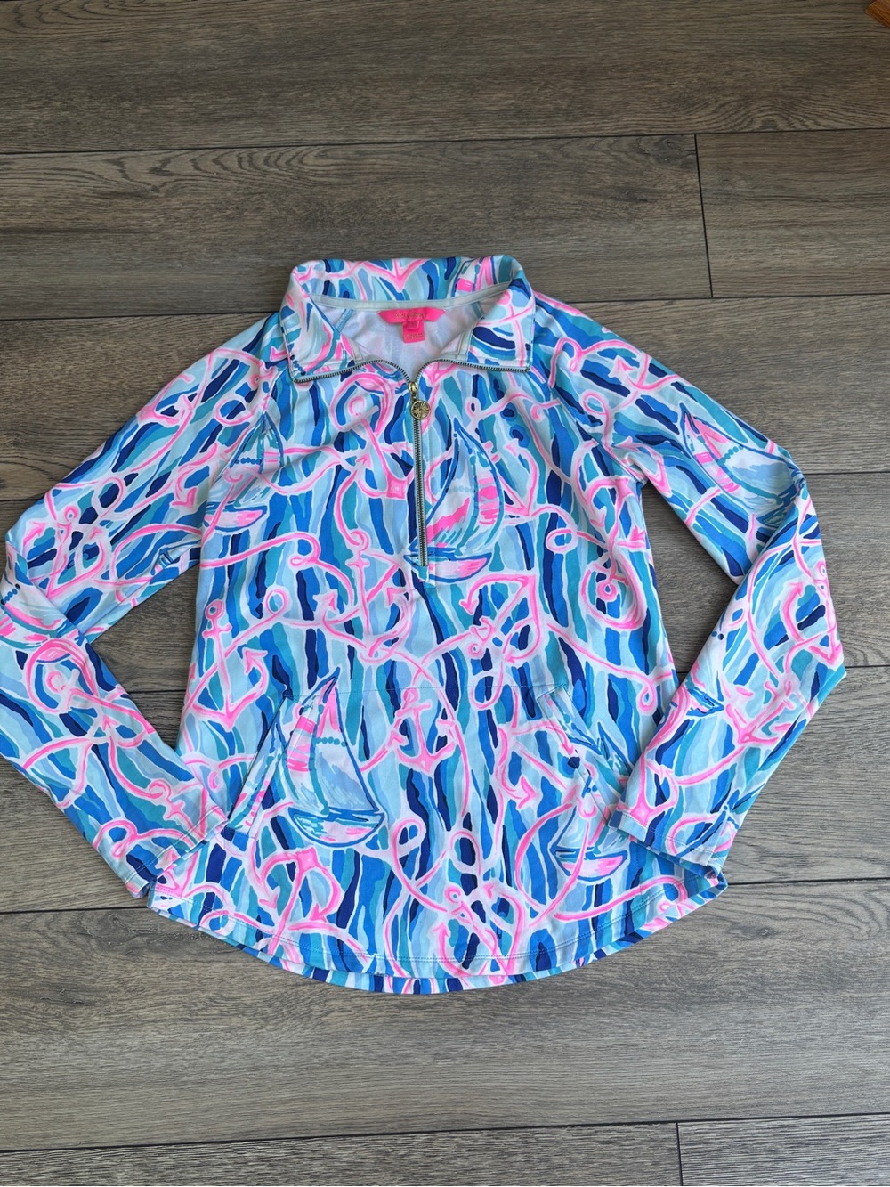 Lilly Pulitzer UPF 50 Skipper Popover Boat Anchor Pink Blue White Sz Small